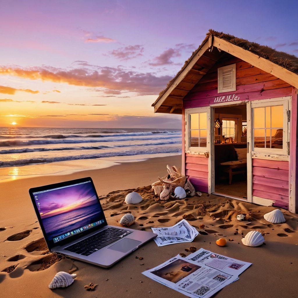 A serene beach scene at sunset, showcasing a cozy beach shack adorned with local event flyers and decorated with seashells. In the foreground, a person is sitting on the sand with a laptop, writing about their experiences, with gentle waves lapping at their feet. The sky is painted with vibrant oranges and purples, creating a warm and inviting atmosphere. super-realistic. vibrant colors. 3D.