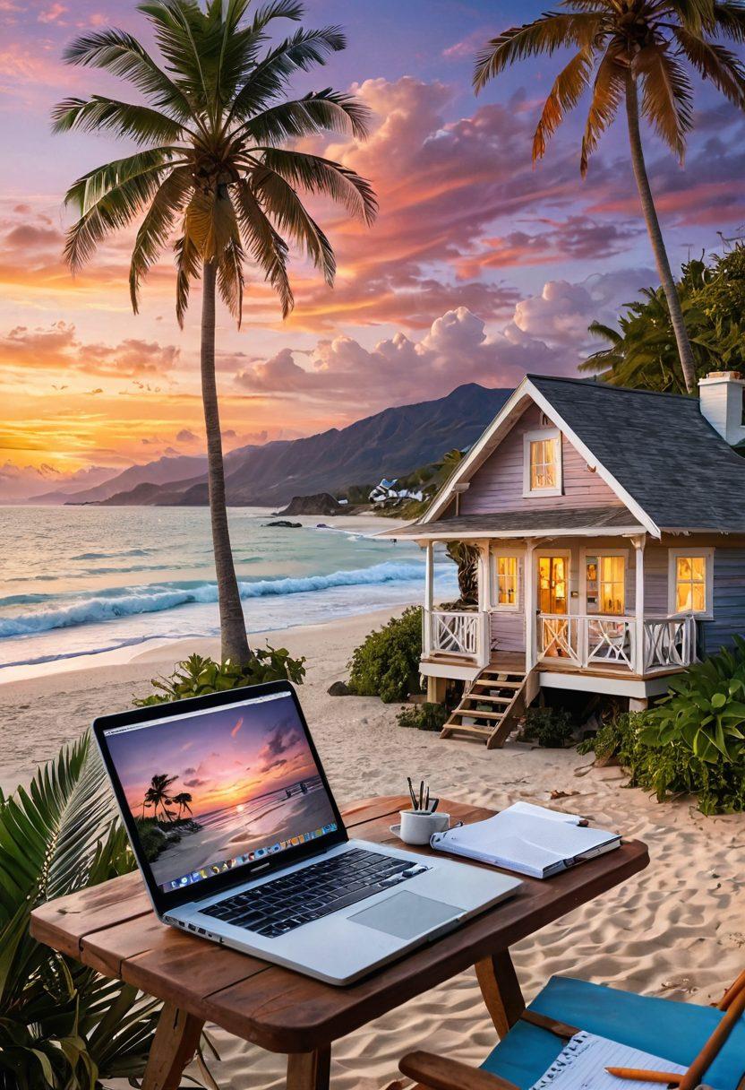 A serene coastal landscape featuring a quaint beachside cottage where an individual is thoughtfully writing on a laptop. Surrounding elements include palm trees, gentle waves, and colorful beach chairs to evoke a relaxed atmosphere. The sky is painted in sunset hues, symbolizing creativity and inspiration. Add scattered seashells and a notebook with a pen on a nearby table for an authentic touch. vibrant colors. 3D.