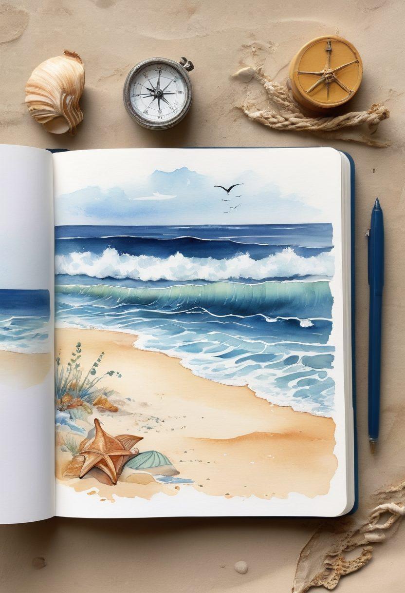 An open journal with handwritten notes and sketches of waves, interspersed with nautical elements like anchors, shells, and a compass. In the background, soft ocean waves gently lap against the shore under a sunny sky. Incorporate a color palette of blues and sandy yellows to evoke a seaside feel. The overall look should be warm and inviting, capturing the essence of a coastal retreat. vibrant colors. watercolor style.